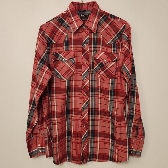 Border Town Pearl Snap Shirt Western Mens Medium Red Black Plaid Vintage - Picture 3 of 15